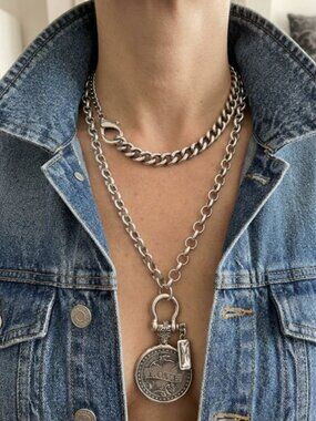 Reversible Love Hate Necklace, Tattoo Flash Jewelry, Sterling Silver Coin Pendan